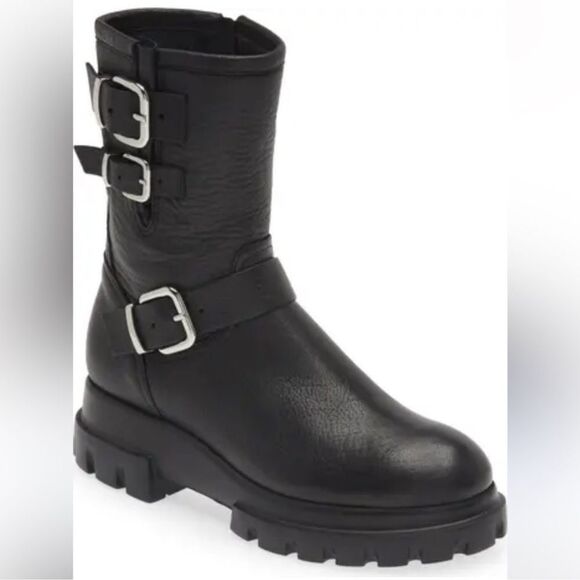 Agl Shoes - NEW AGL Chunky Biker Moto Lug Sole Black Leather Buckle Boots 40